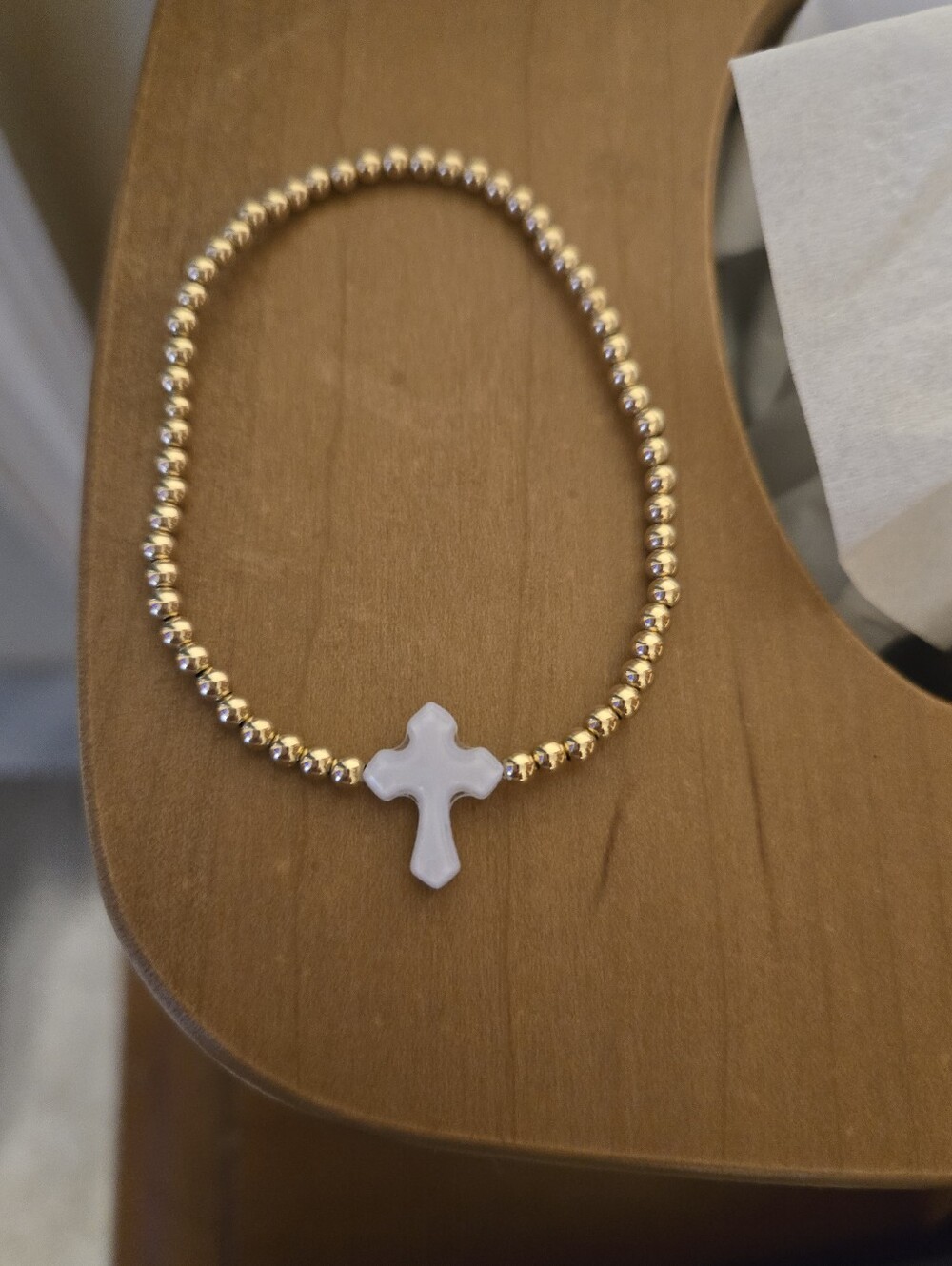 Beaded Blondes Gold Beaded Bracelet with Lilac Cross